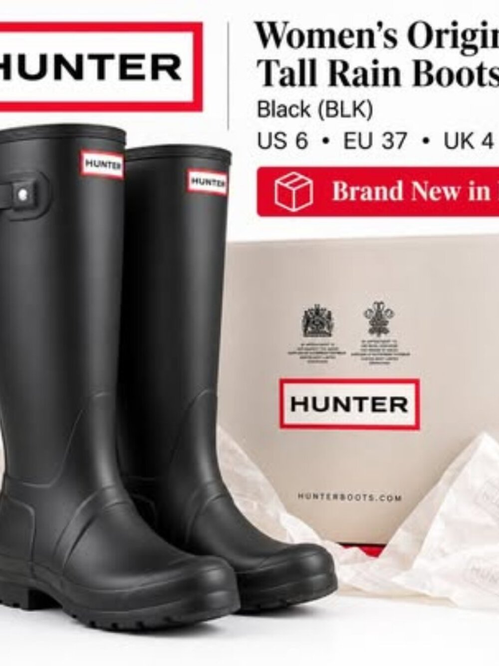 Hunter Original Tall Black Rain Boots Women's Size 6 New in Box